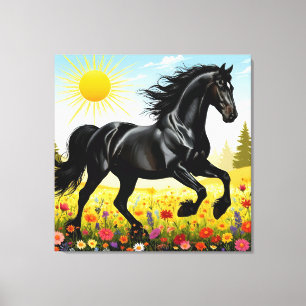Majestueus zwart paard in galop canvas afdruk