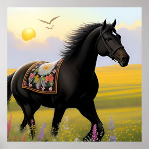 Majestueus zwart paard in galop poster