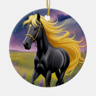 Majestueus zwart paard met golvende gouden manen keramisch ornament