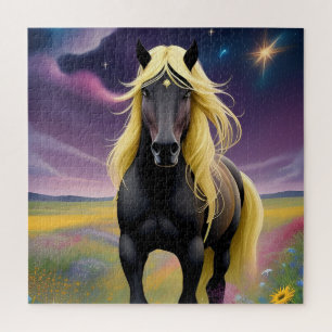 Majestueus zwart paard met golvende gouden manen legpuzzel