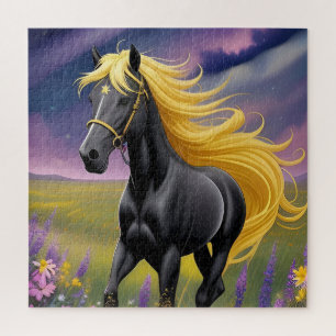 Majestueus zwart paard met golvende gouden manen legpuzzel