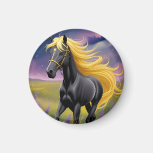 Majestueus zwart paard met golvende gouden manen magneet