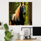 Majestueus zwart paard met stromende manen poster (Thuiskantoor)