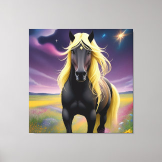 Majestueus zwart paard met vloeiende gouden manen canvas afdruk
