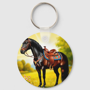 Majestueus zwart paard met zadel sleutelhanger