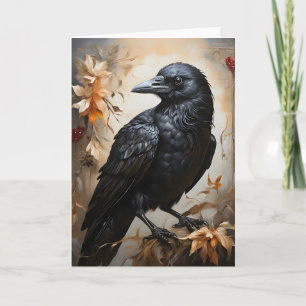 Majestueus zwart ravenportret bloemen maan blanco kaart
