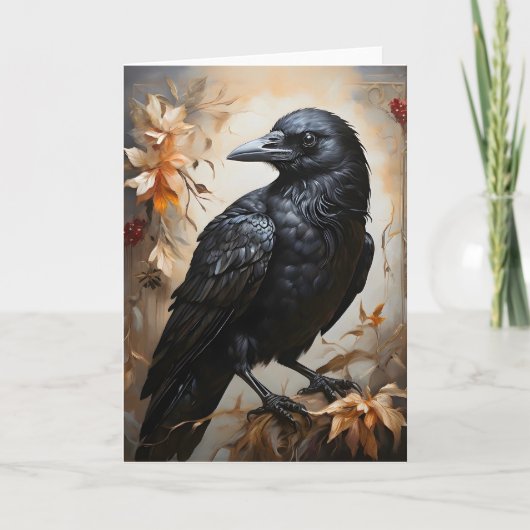 Majestueus zwart ravenportret bloemen maan leeg kaart (Voorkant)