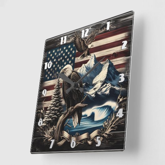 Majestueuze adelaar boven Amerikaans landschap bij Vierkante Klok (Hoek)