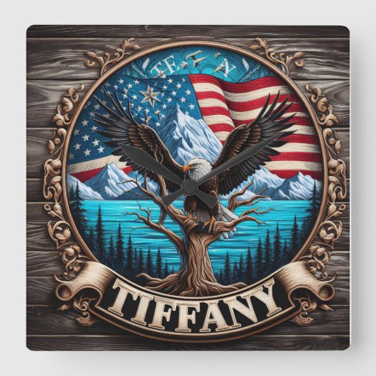 Majestueuze adelaar boven bergen en Amerikaanse vl Vierkante Klok (Voorkant)