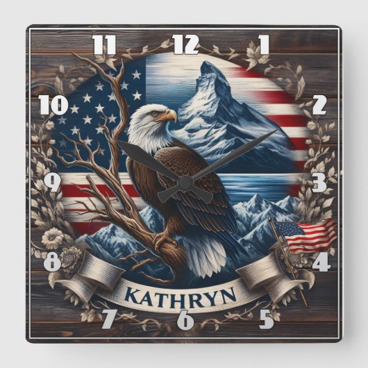 Majestueuze adelaar met bergen en Amerikaanse vlag Vierkante Klok (Voorkant)