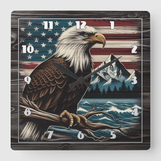 Majestueuze adelaar op tak met Amerikaans thema Vierkante Klok (Voorkant)