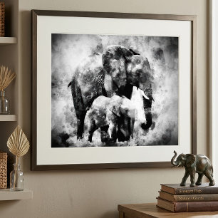 Majestueuze Afrikaanse olifant met kalf Z&W Foto Afdruk