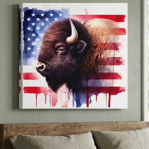 Majestueuze Amerikaanse Bizon & Patriottische Vlag Canvas Afdruk