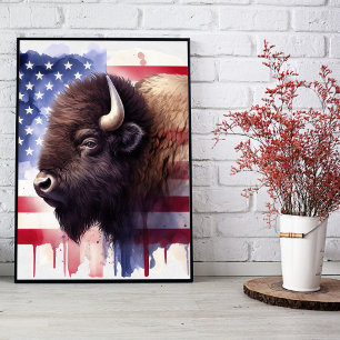 Majestueuze Amerikaanse Bizon & Patriottische Vlag Foto Afdruk