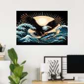 majestueuze arend stijgt over oceaangolf met vis poster (Thuiskantoor)