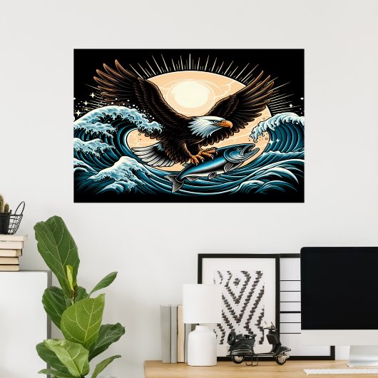majestueuze arend stijgt over oceaangolf met vis poster (Thuiskantoor)