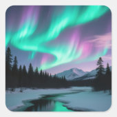 Majestueuze Aurora Borealis over besneeuwd landsch Vierkante Sticker (Voorkant)