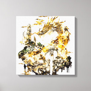 Majestueuze Aziatische Mythologie Draak Tempel Fan Canvas Afdruk