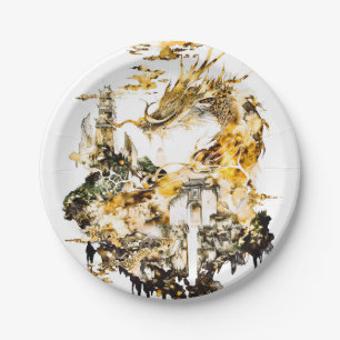 Majestueuze Aziatische Mythologie Draak Tempel Fan Papieren Bordje