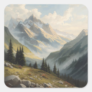 Majestueuze Bergdroom: Traditionele Schilderkunst Vierkante Sticker