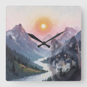 Majestueuze bergen met wolf vierkante klok