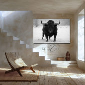 Majestueuze Black Bull in het winterse sneeuwveld Canvas Afdruk