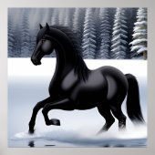 Majestueuze Black Horse Prancing op een besneeuwd  Poster (Voorkant)