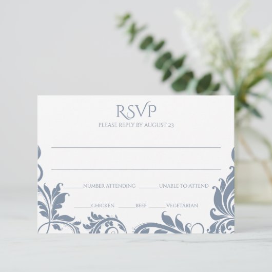 Majestueuze Bladeren RSVP Briefkaart | Stofblauw (Staand voorkant)