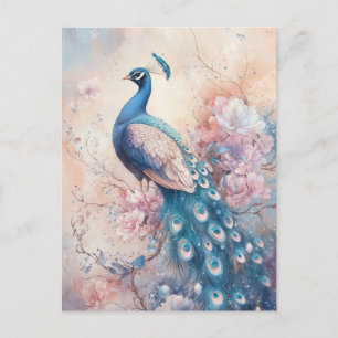 Majestueuze Blauwe Pauw in Roze Bloementuin Briefkaart