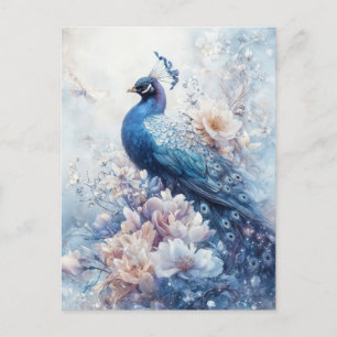 Majestueuze Blauwe Pauw in Witte Bloementuin Briefkaart