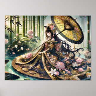 Majestueuze bloemen kimono onder bamboe luifel poster