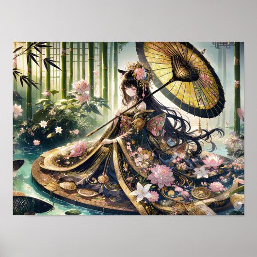 Majestueuze bloemen kimono onder bamboe luifel poster (Voorkant)
