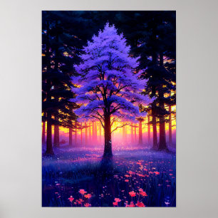 Majestueuze boom in het bos met Sunset's Charm Poster