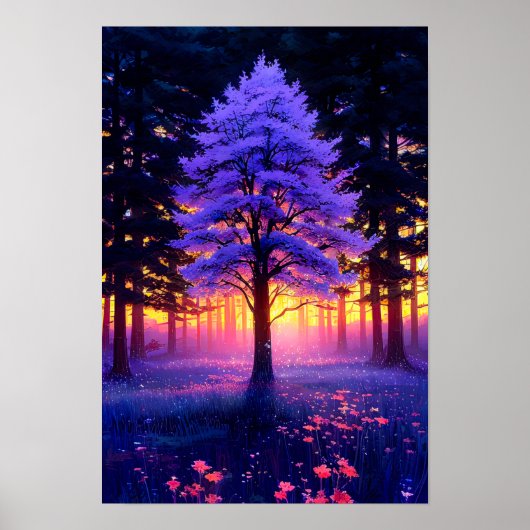 Majestueuze boom in het bos met Sunset's Charm Poster (Voorkant)