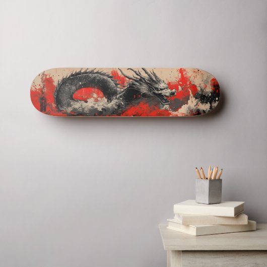 Majestueuze Chinese Draak met Rode Inkt Splatter Persoonlijk Skateboard (Muurkunst (Horizontaal))
