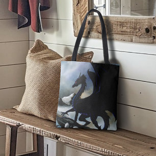 Majestueuze Donkere Draak Zwarte Fantasie Bergen Tote Bag