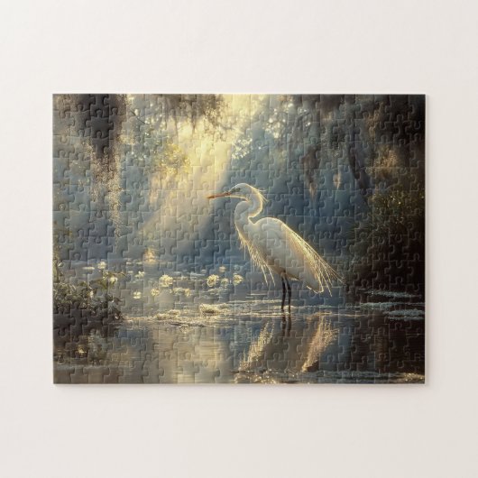 Majestueuze Egret Staande in een serene zonovergot Legpuzzel (Horizontaal)