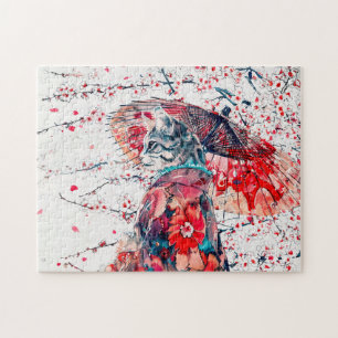 Majestueuze Geisha Kat Tussen Kersenbloesems Legpuzzel
