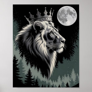 Majestueuze Gekroonde Leeuw Maan Woud Poster