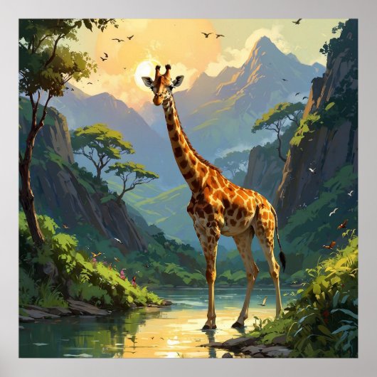 Majestueuze Giraffe in Natuur Wildlife Painting Poster (Voorkant)