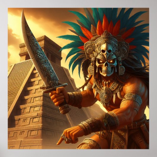 Majestueuze Golden-Hued Dynamic Aztec Warrior Poster (Voorkant)