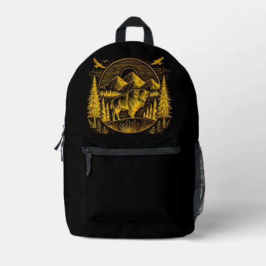 Majestueuze gouden buffel in berglandschap bedrukte rugzak (Voorkant)
