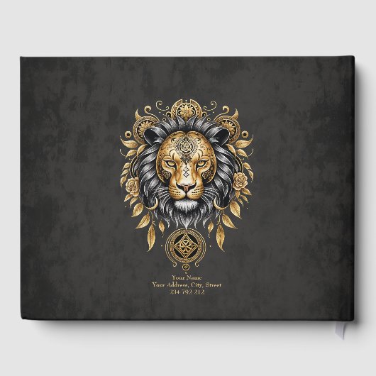 Majestueuze gouden leeuwenkop met zwarte manen. gastenboek (Achterkant)