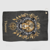 Majestueuze gouden leeuwenkop met zwarte manen. golfhanddoek (Horizontaal)
