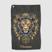 Majestueuze gouden leeuwenkop met zwarte manen. golfhanddoek (Voorkant)