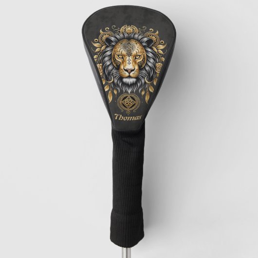 Majestueuze gouden leeuwenkop met zwarte manen. golfheadcover (Voorkant)