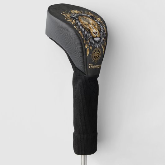 Majestueuze gouden leeuwenkop met zwarte manen. golfheadcover (Schuin)