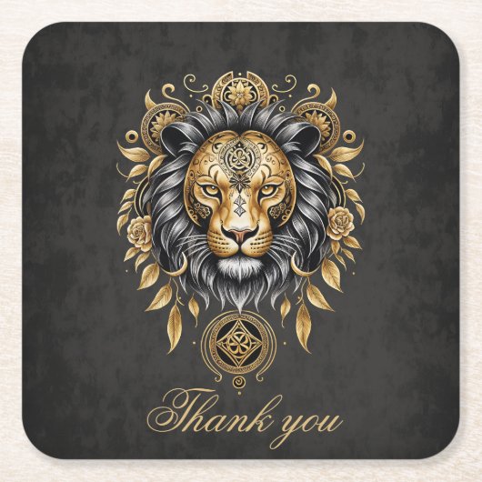 Majestueuze gouden leeuwenkop met zwarte manen. kartonnen onderzetters (Voorkant)