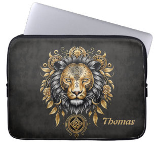Majestueuze gouden leeuwenkop met zwarte manen. laptop sleeve