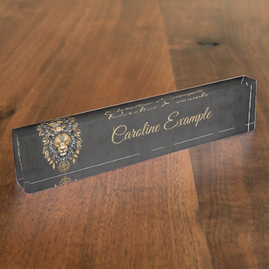 Majestueuze gouden leeuwenkop met zwarte manen. naambordje (Zijkant)